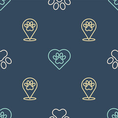 Set line Paw print, Location veterinary hospital and Heart with animals footprint on seamless pattern. Vector