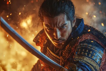 Obraz premium Samurai gripping an elegant katana in battle stance.