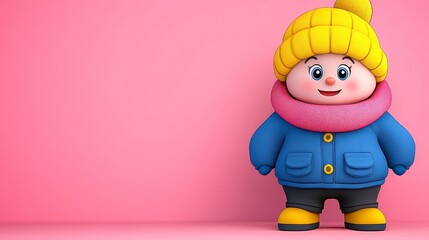 3d cartoon character, winter outfit, vibrant colors, pink background, smiling expression, adorable