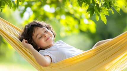 Girl finds peace and tranquility swinging in hammock enjoying the summer relaxing outdoors