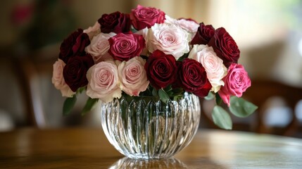 Fototapeta premium A classic rose bouquet arrangement with deep red and soft pink roses, elegantly placed in a crystal vase.