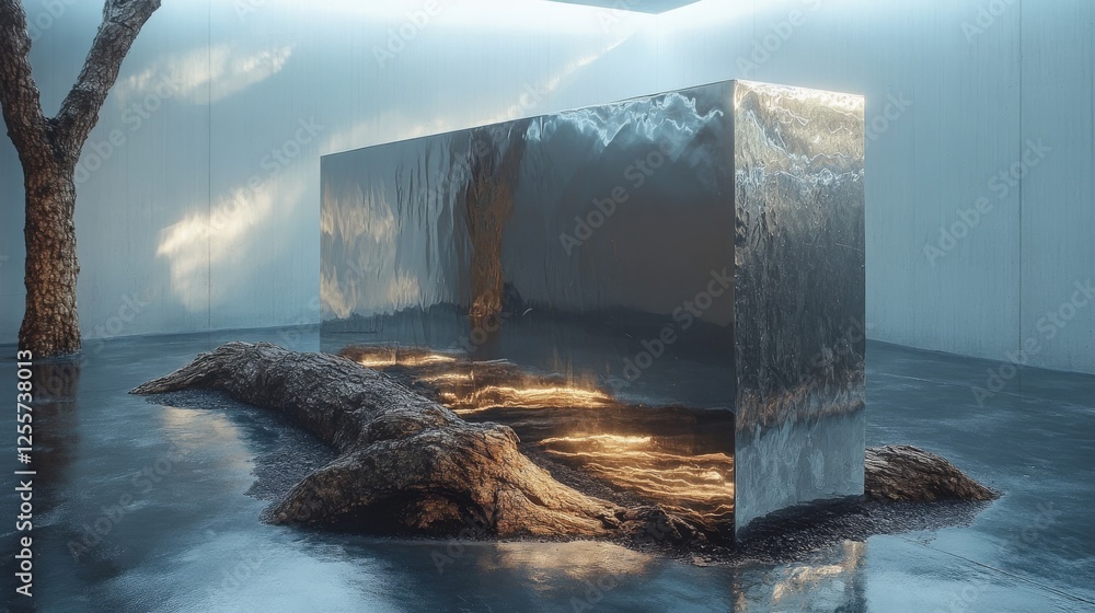 Fototapete aetherial cube: luminescent gold veins flowing through stone, reflected in minimalist azure space wi