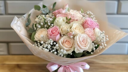 A classic rose bouquet in pastel pinks and creams, adorned with baby's breath and tied with a soft ribbon.