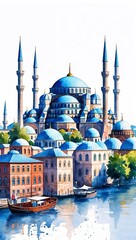 Fototapeta premium Historic Istanbul with the Blue Mosque watercolor in Timeless Cityscape on plain white background