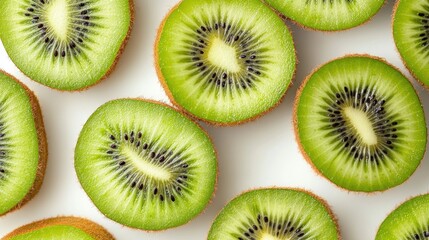 Fototapeta premium Fresh kiwi slices on a white surface, great for food photography and recipes