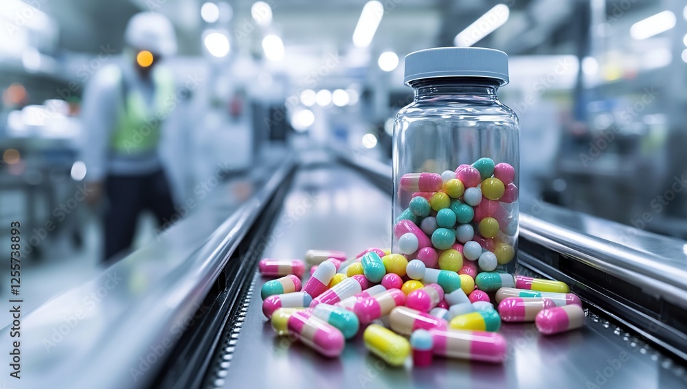 Poster capsule production: automated factory line processes colorful medicine pills efficiently in a clean 