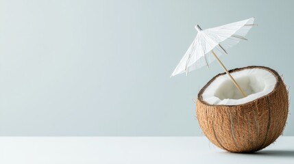 Tropical escape coconut shell transformed into refreshing beach cocktail umbrella paradise