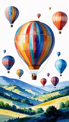 Obraz premium Hot Air Balloons Over Rolling Hills watercolor in Scenic Balloon Landscape on plain white background