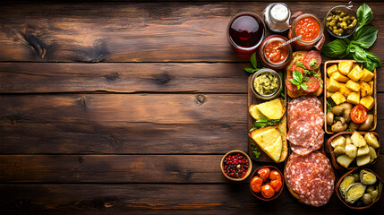 Delicious tapas assortment on rustic wooden background, overhead view.  Perfect for restaurant menus, food blogs, or culinary publications.