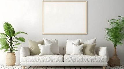 Modern Minimalist Living Room Interior Design with White Sofa Plants and Large Blank Frame