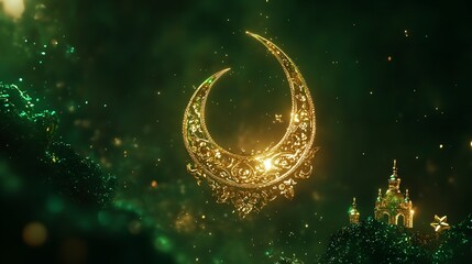 3D render of an Arabic themed product display background for advertisement featuring a moon stars and an Arabic lamp