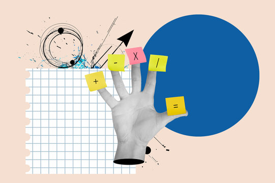 Colored sticky papers with mathematical symbols glued on man fingers on a squared sheet and on a blue circle