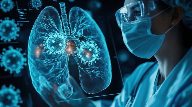 A healthcare professional engages with a detailed lung blueprint showcasing HMPV virus images underscoring the significance of respiratory health