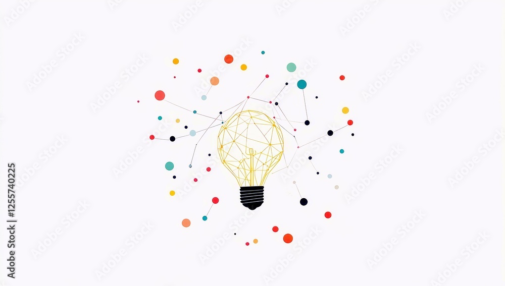 Poster abstract light bulb illustration with colorful dots and lines, representing creativity and innovatio