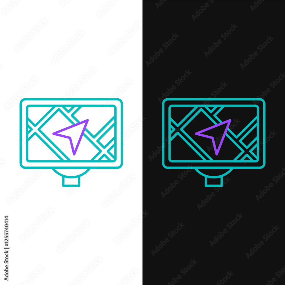 Poster line gps device with map icon isolated on white and black background. colorful outline concept. vect