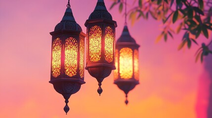 3D render of an Arabic themed product display background for advertisement featuring a moon stars and an Arabic lamp