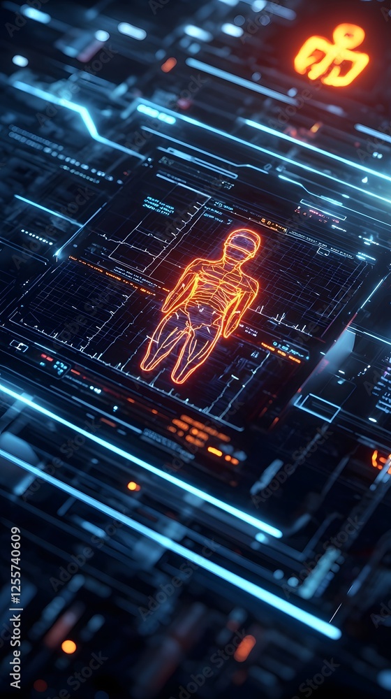 Poster futuristic digital interface displaying real time patient vitals and medical data in glowing hologra