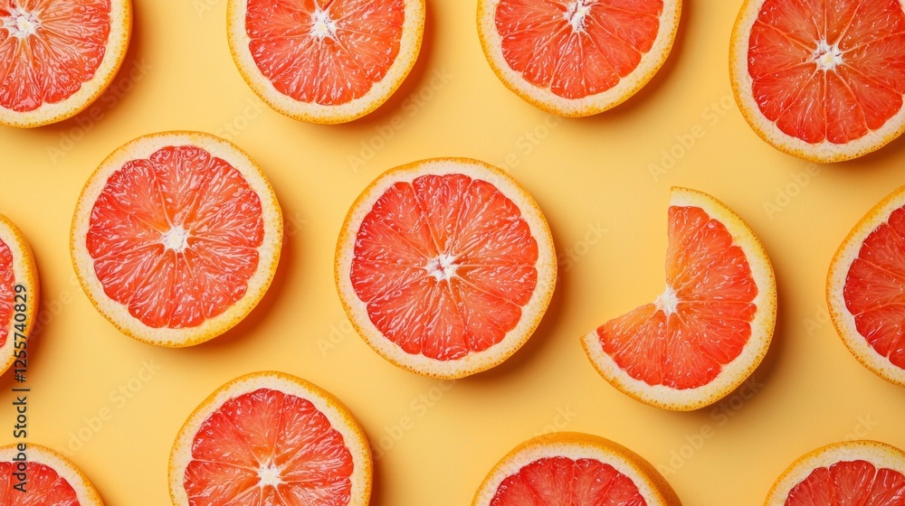 Poster bright red grapefruit slices are meticulously arranged on a soft peach surface, creating an eye-catc