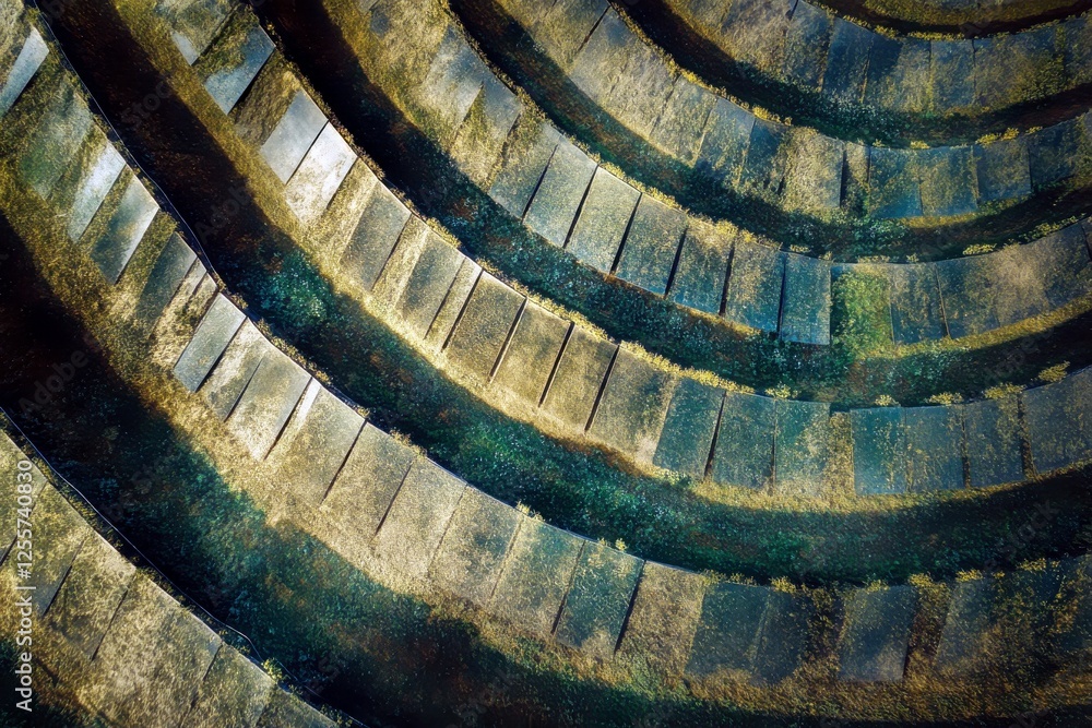 Poster winding layers of nature's artwork with greenery and water flow in circular pattern from above
