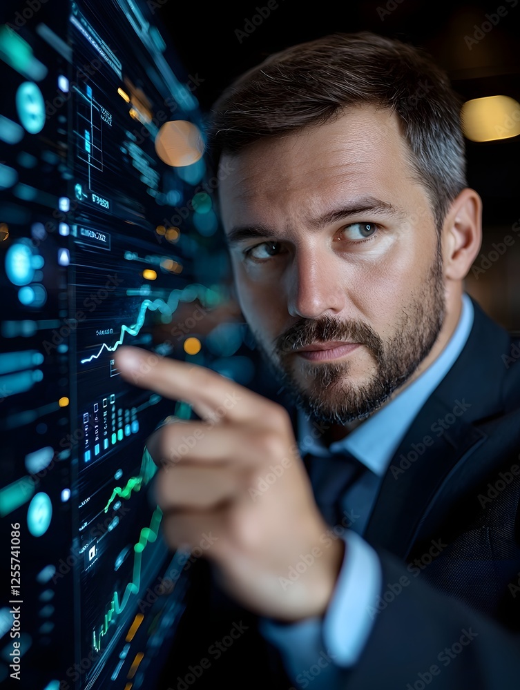 Poster futuristic businessman in a suit interacting with a transparent holographic digital invoice display 