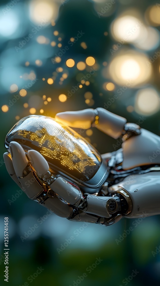 Poster futuristic ai powered electronic billing concept with robotic hand holding digital invoice and holog