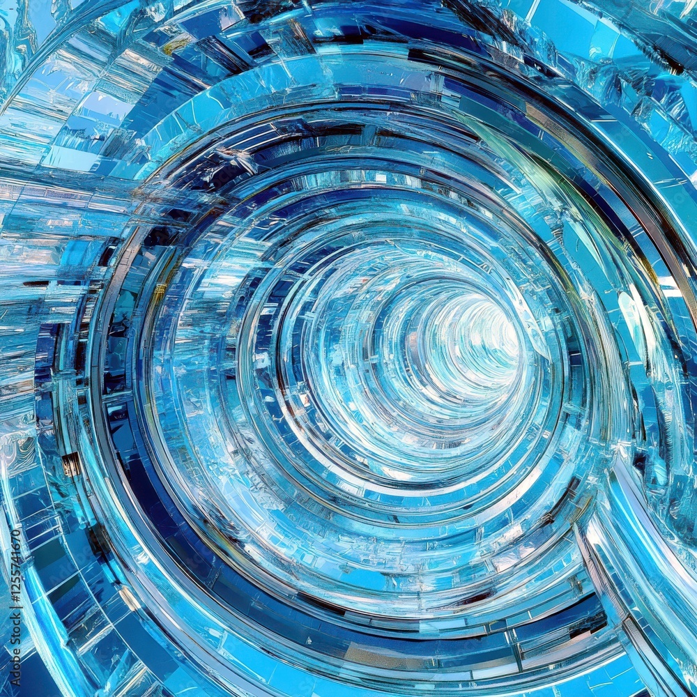 Poster abstract composition of circular patterns in blue and silver tones with dynamic depth illusion for c