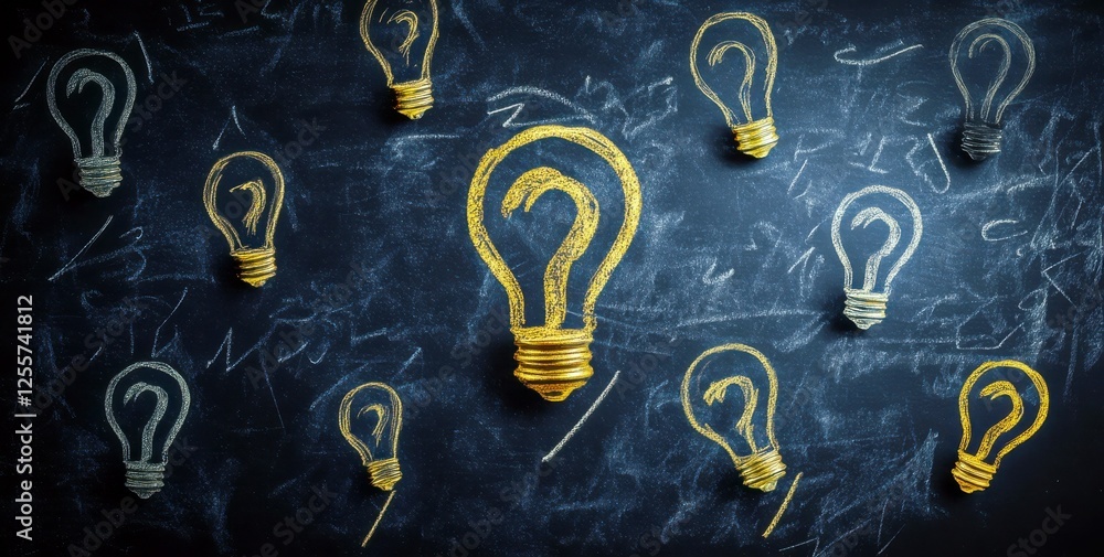 Poster creative concept of questions represented by light bulbs on chalkboard background for innovative ide