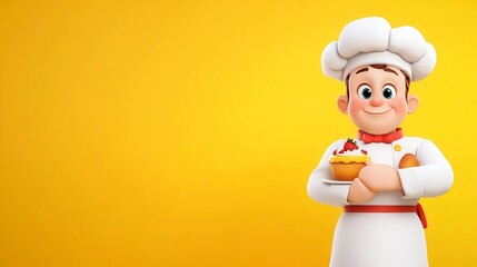 Smiling cartoon chef holding a plate of pastry against a vibrant yellow background.