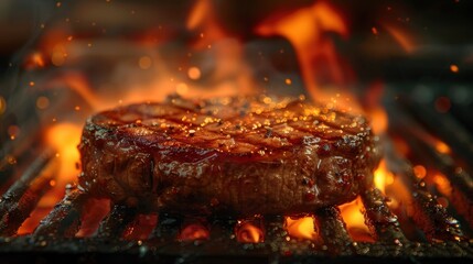 A sizzling steak on a grill with flames and smoke, dramatic lighting, ultra-realistic