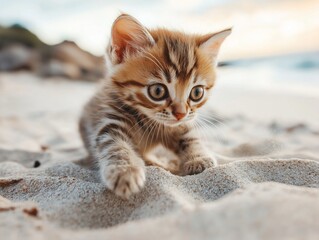 Obraz premium Heartwarming scene of a tiny kitten playing on the sandy beach at sunset for pet lovers and nature enthusiasts