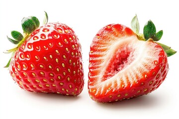 Fresh strawberries cut in half on a clean white surface, great for food photography or as a still life prop