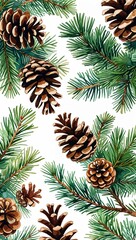 Pine Cones and Fir Branches watercolor in Evergreen Botanical on plain white background
