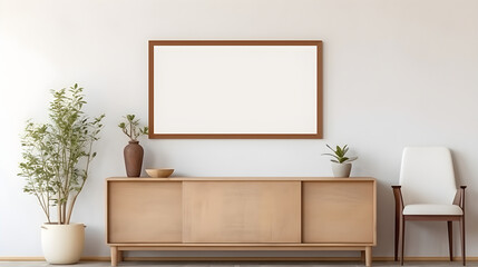 Modern Minimalist Living Room Interior Design with Wooden Cabinet Plants and Blank Frame Mockup