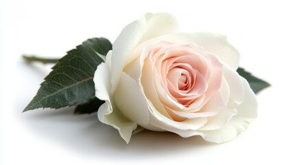 A close-up of a white rose boutonniere with soft pink accents on a groom's lapel, set against a clean white background.