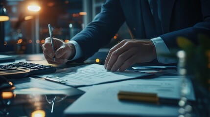 Obraz premium business account financier audit using calculator and analyzing data annual report