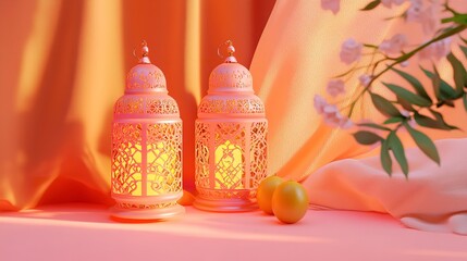 3D render of an Arabic themed product display background for advertisement featuring a moon stars and an Arabic lamp