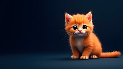 Realistic 3d illustration with a cute red kitten on a dark blue background, blank for advertising or announcement with copy space