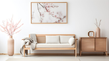 Modern Minimalist Living Room Interior Design with Light Wood Sofa Pink Blossom Artwork and Neutral