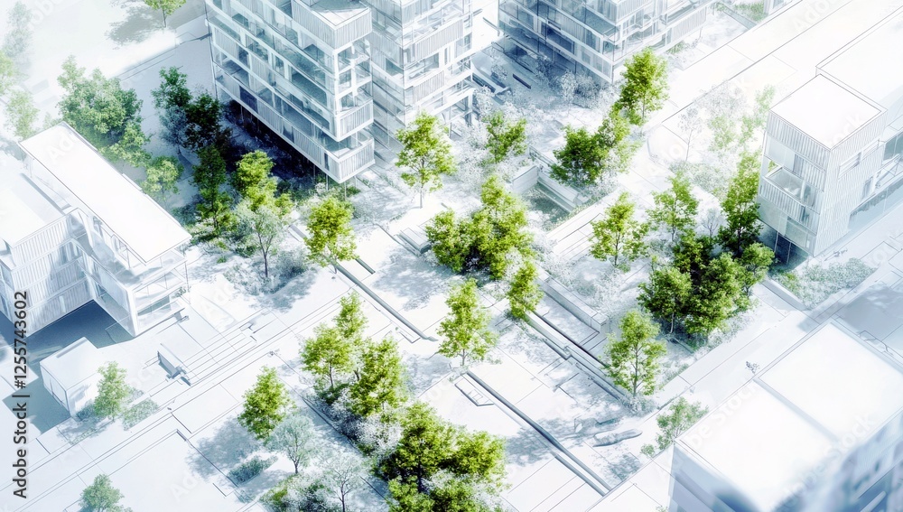 Poster aerial view of modern urban developments surrounded by lush green trees and open spaces in a clean a