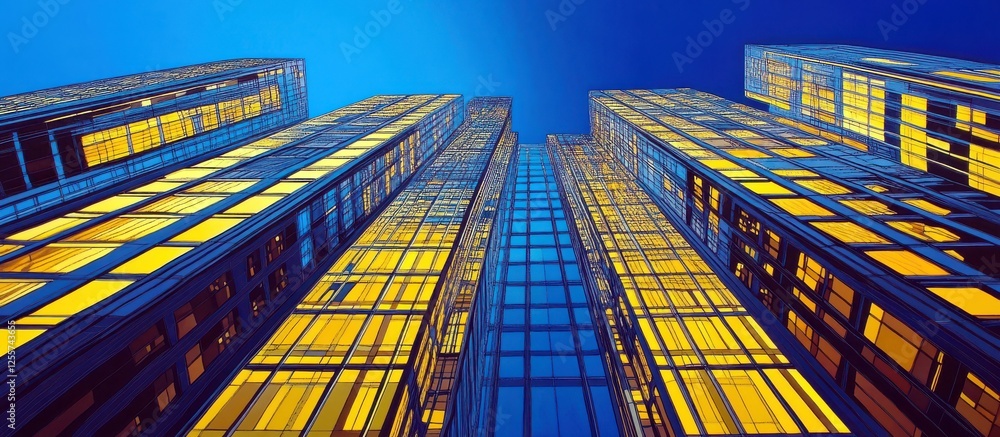 Poster stunning urban architecture at twilight with illuminated skyscrapers creating a captivating cityscap