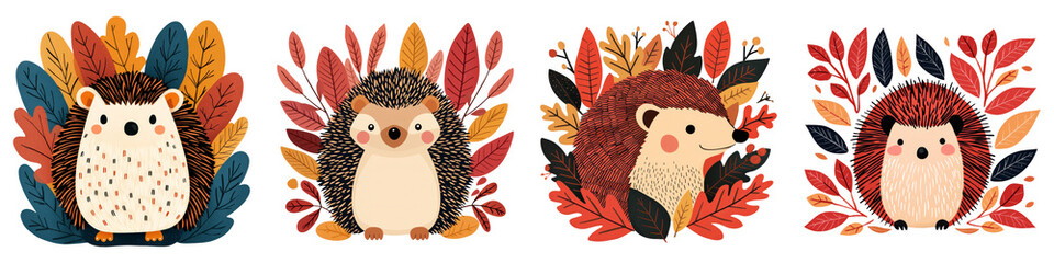 hedgehog clipart concept. Whimsical hedgehogs surrounded by colorful autumn leaves in a playful illustration. on Transparent background.