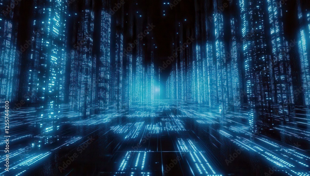 Poster futuristic data tunnel with glowing blue lights representing a virtual reality concept of digital in