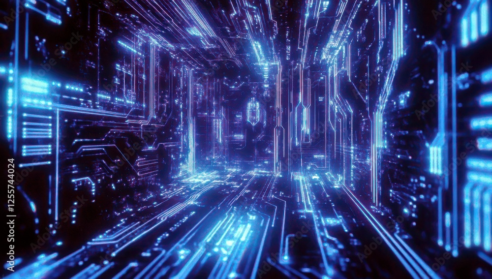 Poster futuristic blue digital tunnel with glowing circuit patterns and lines representing technology and i