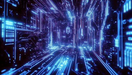 Futuristic Blue Digital Tunnel with Glowing Circuit Patterns and Lines Representing Technology and Innovation