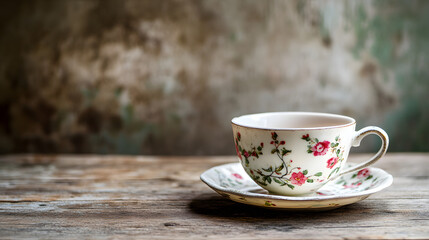 Fototapeta premium A cracked porcelain teacup with a delicate floral pattern on an aged wooden table.
