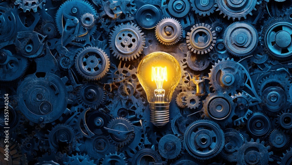 Poster illuminated light bulb amidst gears and cogs, symbolizing innovation, creativity, and connection bet