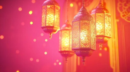 3D render of an Arabic themed product display background for advertisement featuring a moon stars and an Arabic lamp