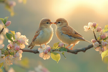 Fototapeta premium Two birds kissing on blossoming branch at sunset