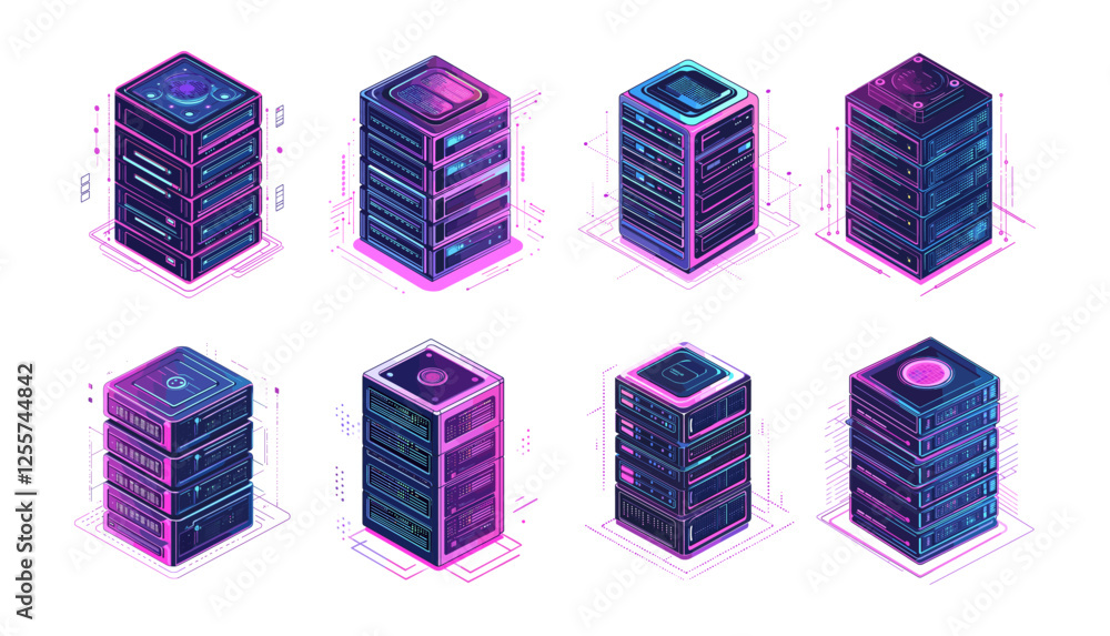 Poster hardware servers isometric vector set. rigs racks computer storage data memory information, internet