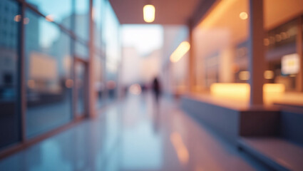 Blurred image of a walkway between buildings. The bright light and blue glass create a vibrant yet indistinct urban scene.
